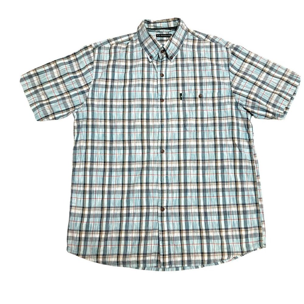 G.H. Bass Mens Size Large Short Sleeve Button Down Shirt Blue Gray Plaid Cotton